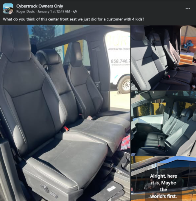 Custom Tesla Cybertruck front bench seat modification shared in Cybertruck Owners Only group, showing three-seat front row interior upgrade